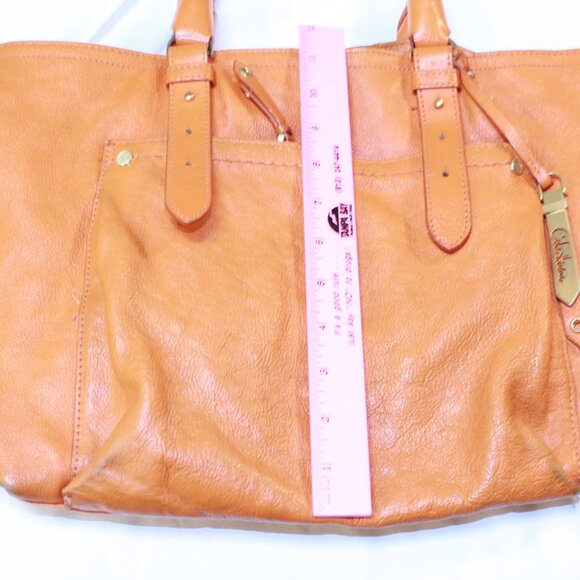 Cole Haan Orange Pebbled Leather Double Braided Handle Footed Large Tote Bag - Picture 11 of 16
